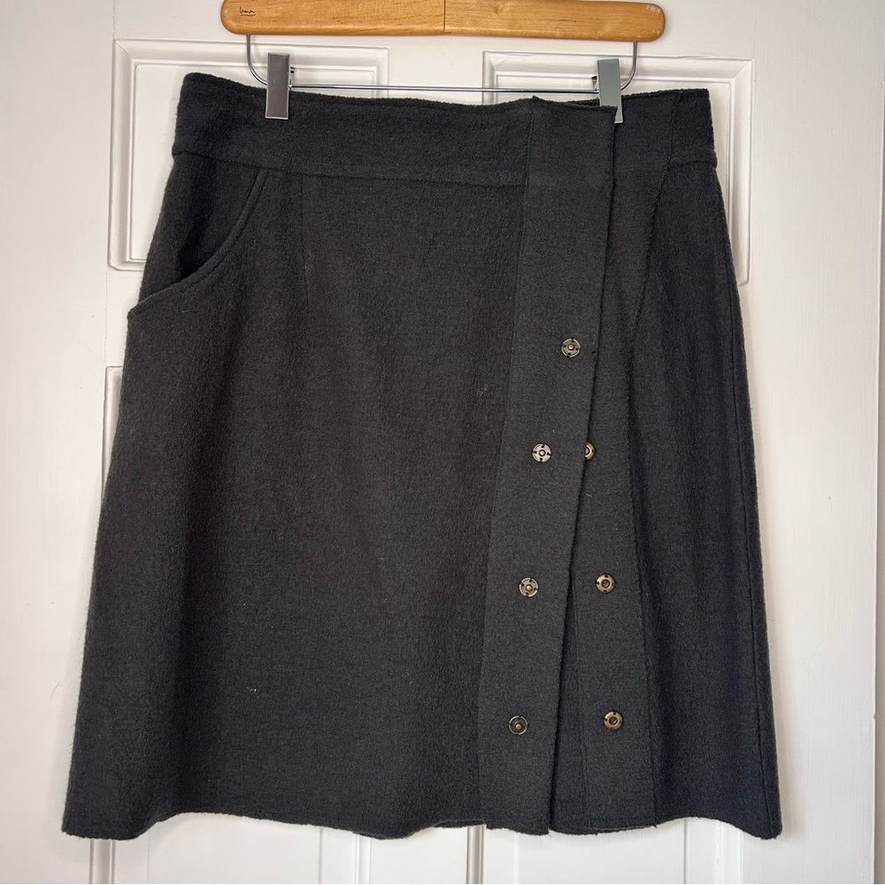 Anthropologie Sparrow Olive Green Merino Wool A-Line Wrap Snap Skirt Size Large